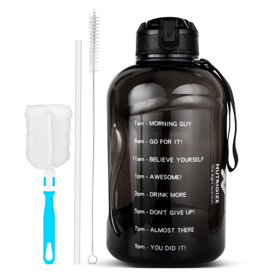 Motivational Gallon Water Bottle 2.2L (2200ml) with Straw & Cleaning Brushes | Leak Proof BPA Free | Black