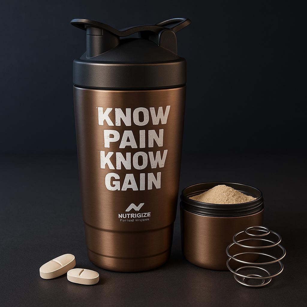 Nutrigize Stainless Steel Shaker Bottle, Protein Shaker with Extra Compartment for storage, 590 ml