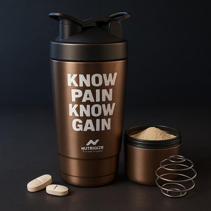 Nutrigize Stainless Steel Shaker Bottle, Protein Shaker with Extra Compartment for storage, 590 ml