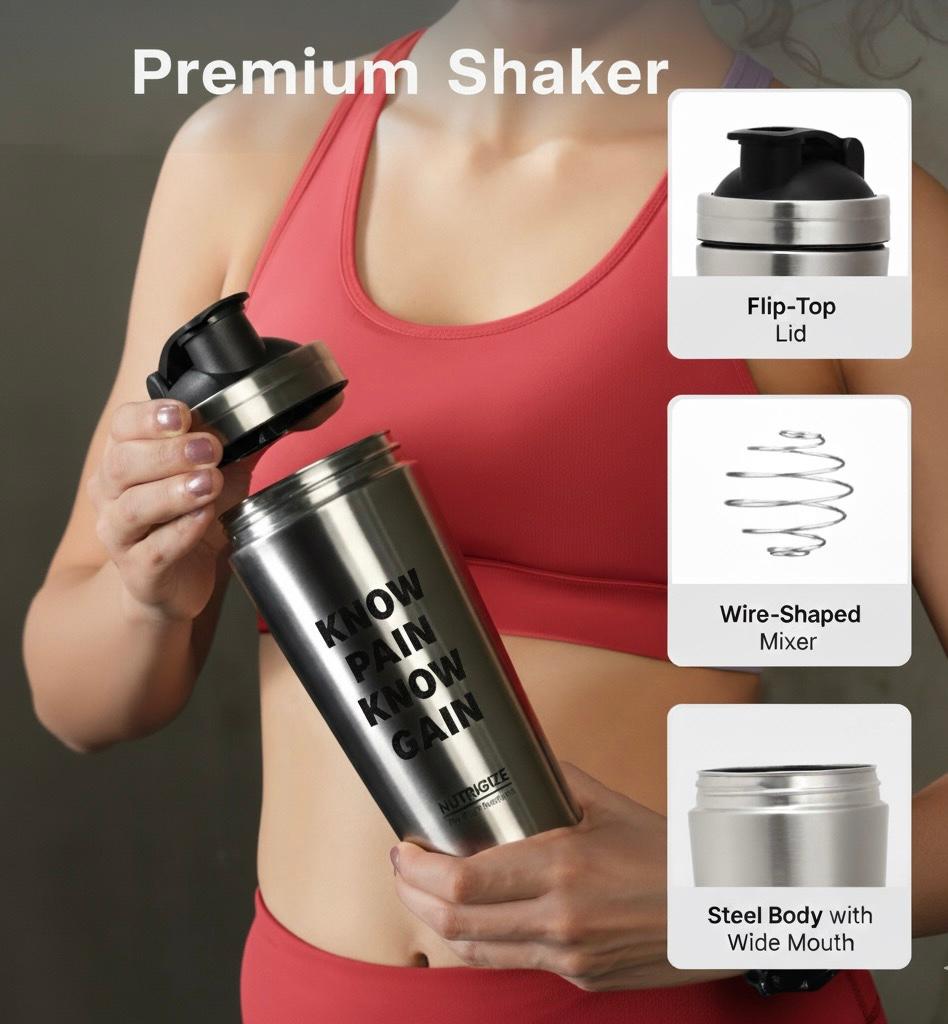 Nutrigize 590ml Stainless Steel Shaker Bottle for Protein & Supplements | Leakproof Gym Shaker
