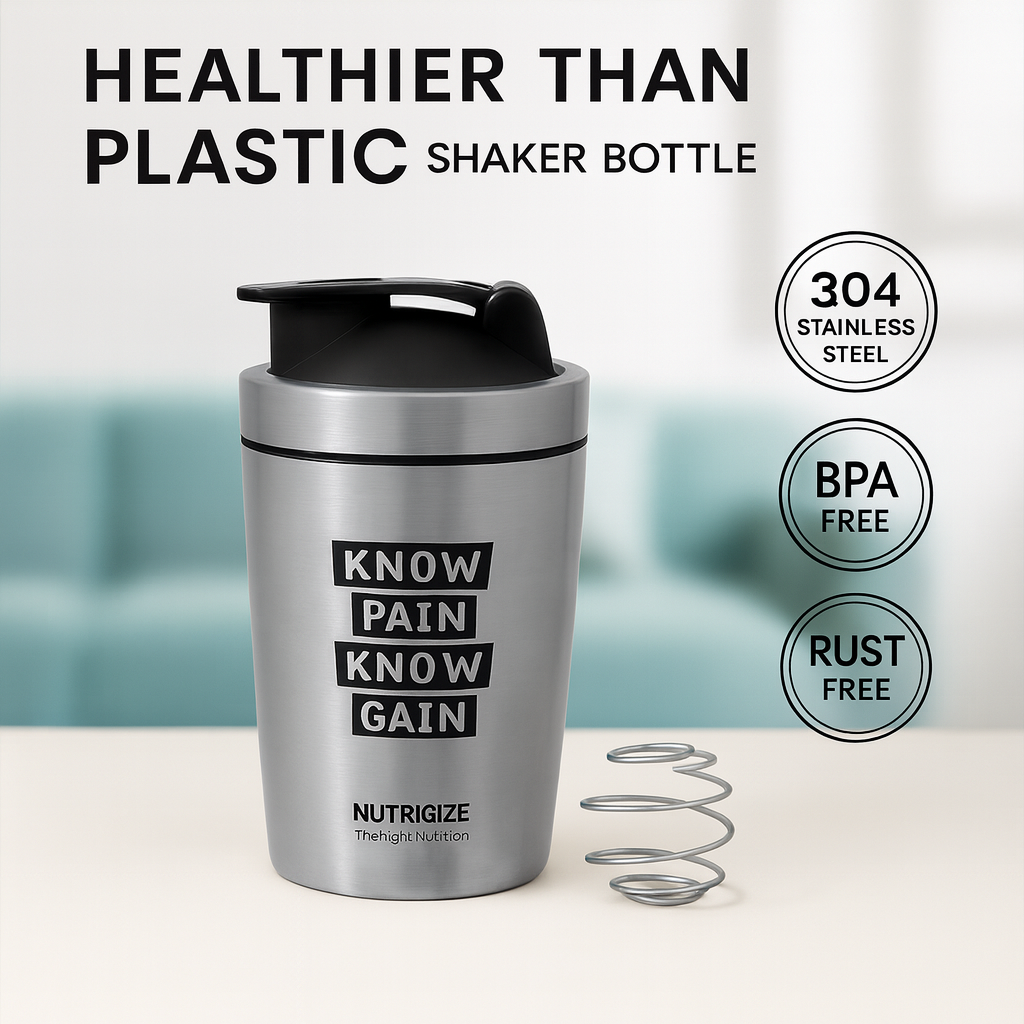 Nutrigize 590ml Stainless Steel Shaker Bottle for Protein & Supplements | Leakproof Gym Shaker