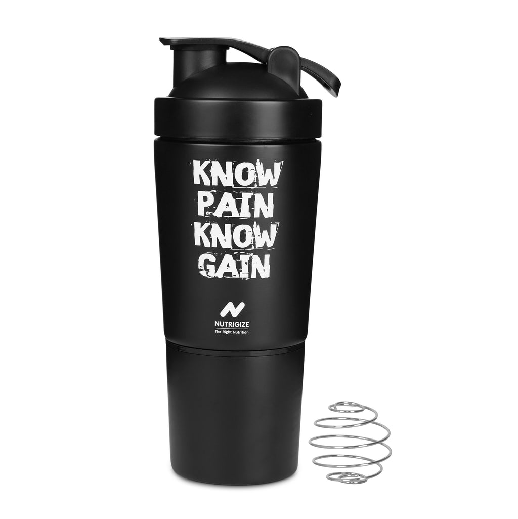 Stainless Steel Protein Shaker Bottle 590ml with Storage | Nutrigize