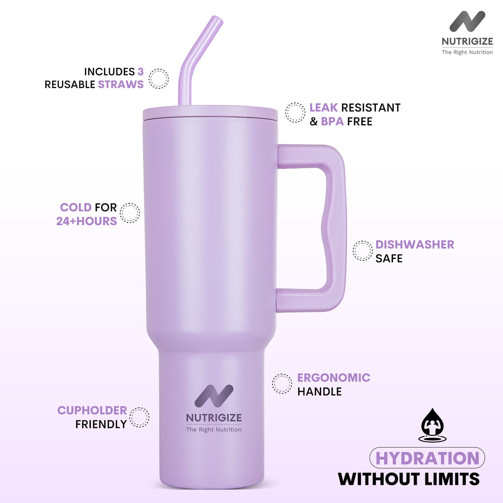Nutrigize Stainless Steel Tumbler with Straw & Cleaner (Hot & Cold), 1200 ml