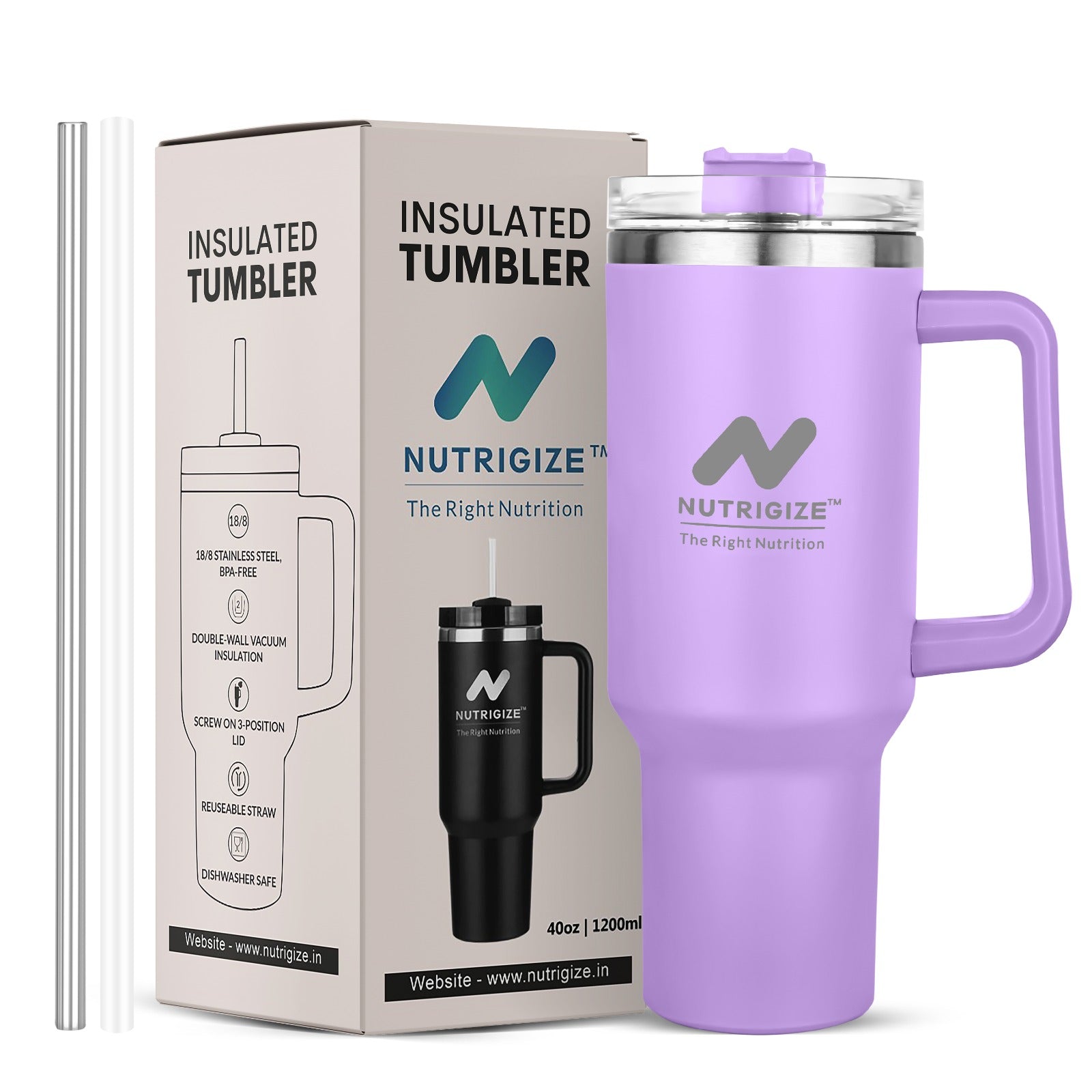 Nutrigize Stainless Steel Tumbler with Straw (Hot & Cold), 1200 ml