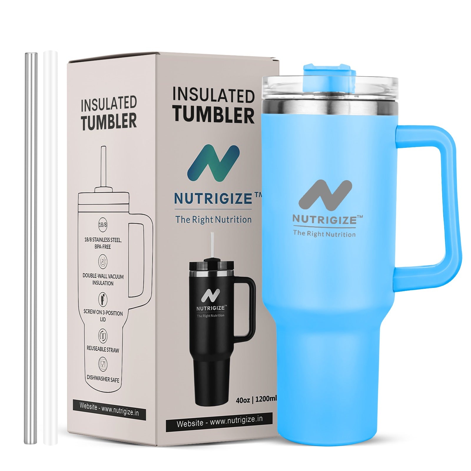 Nutrigize Stainless Steel Tumbler with Straw (Hot & Cold), 1200 ml