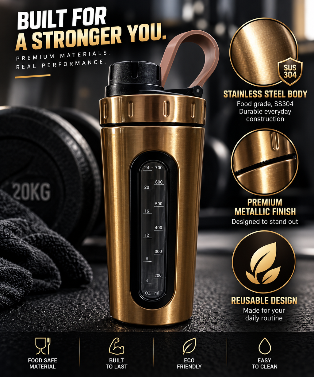 Nutrigize Stainless Steel Shaker Bottle 700ml with Measurement Window
