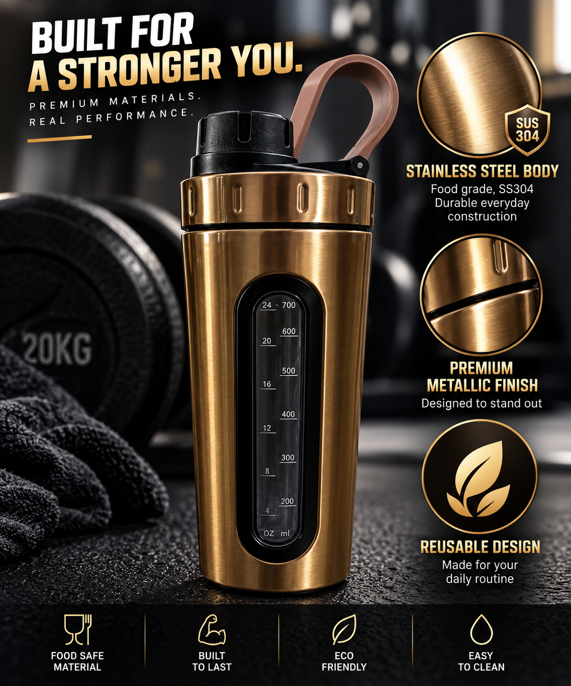 Nutrigize Stainless Steel Shaker Bottle 700ml with Measurement Window