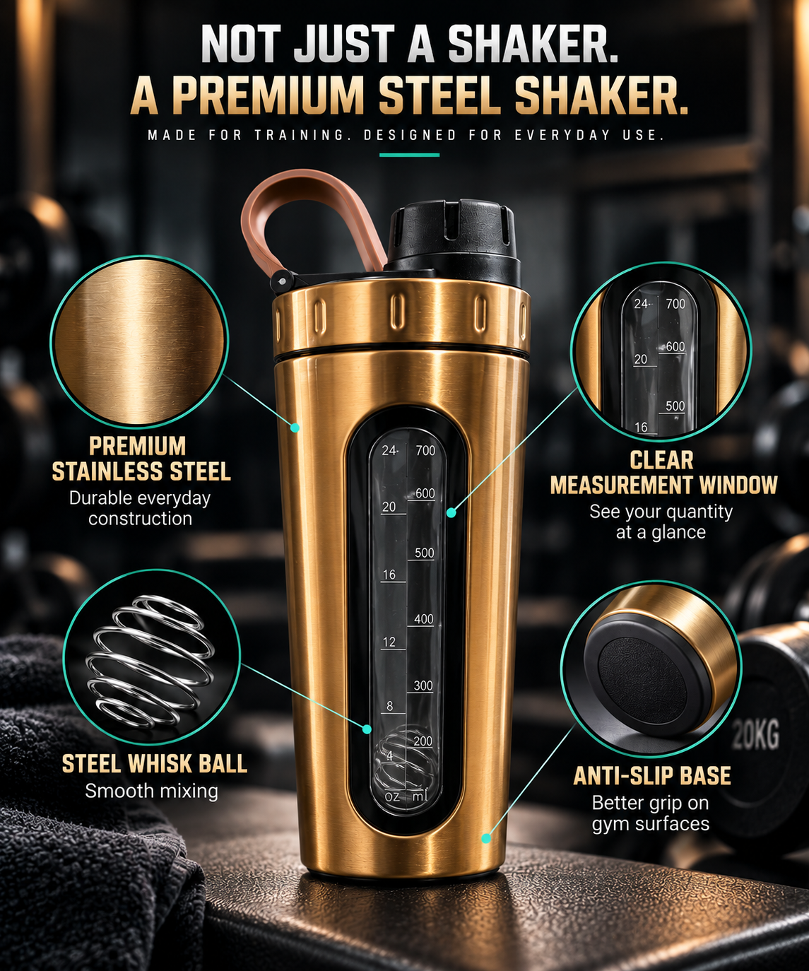 Nutrigize Stainless Steel Shaker Bottle 700ml with Measurement Window