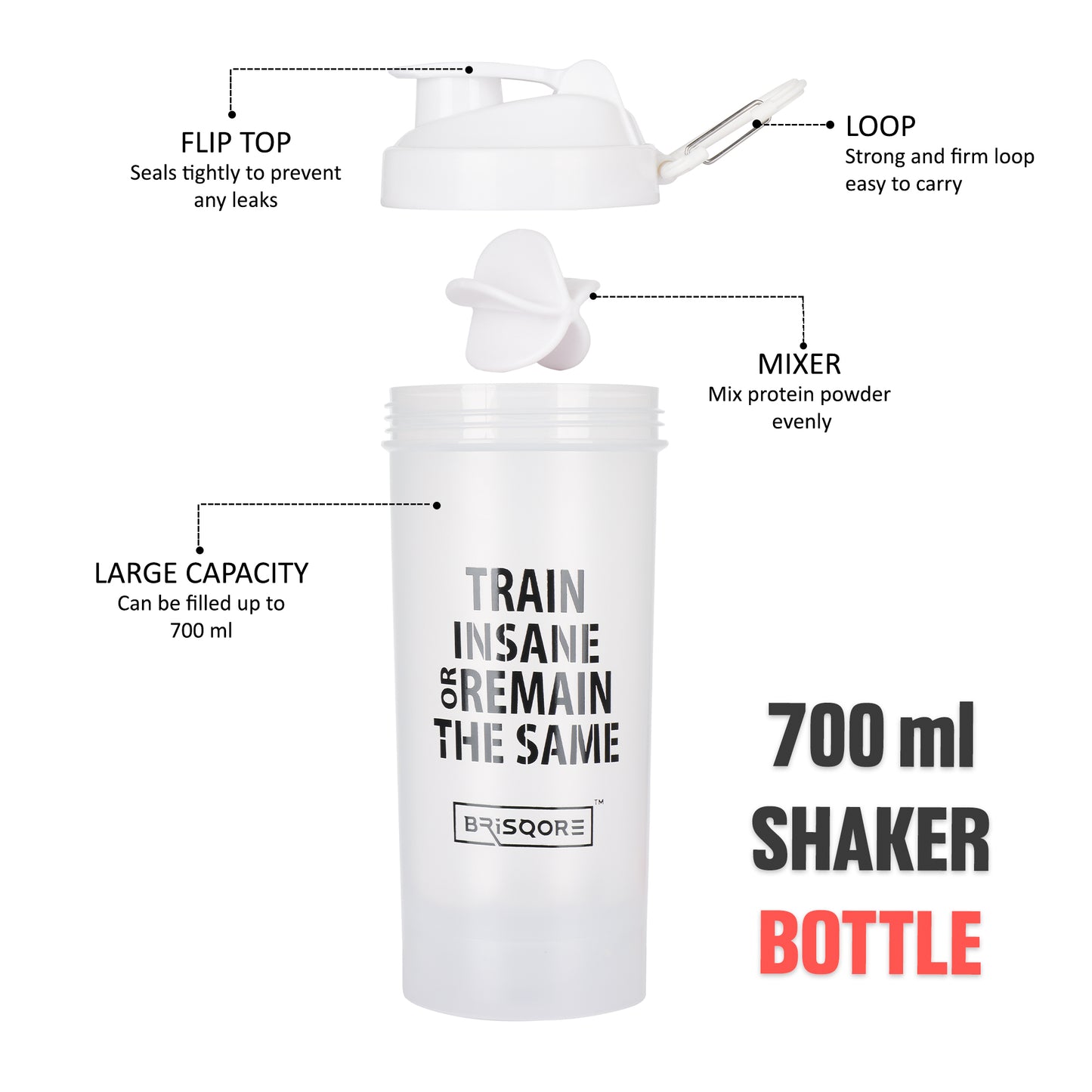 Brisqore Superior Leakproof Protein Shaker Bottle 700 ml, Black