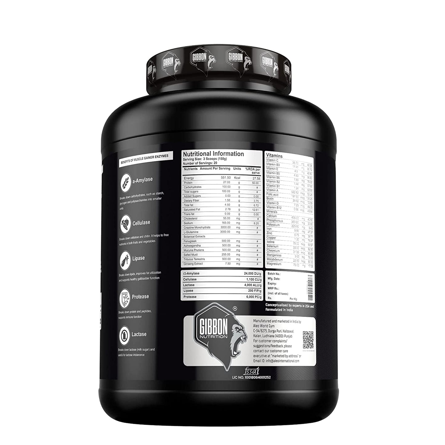 Gibbon Nutrition Mass Gainer 3kg Supplement Facts