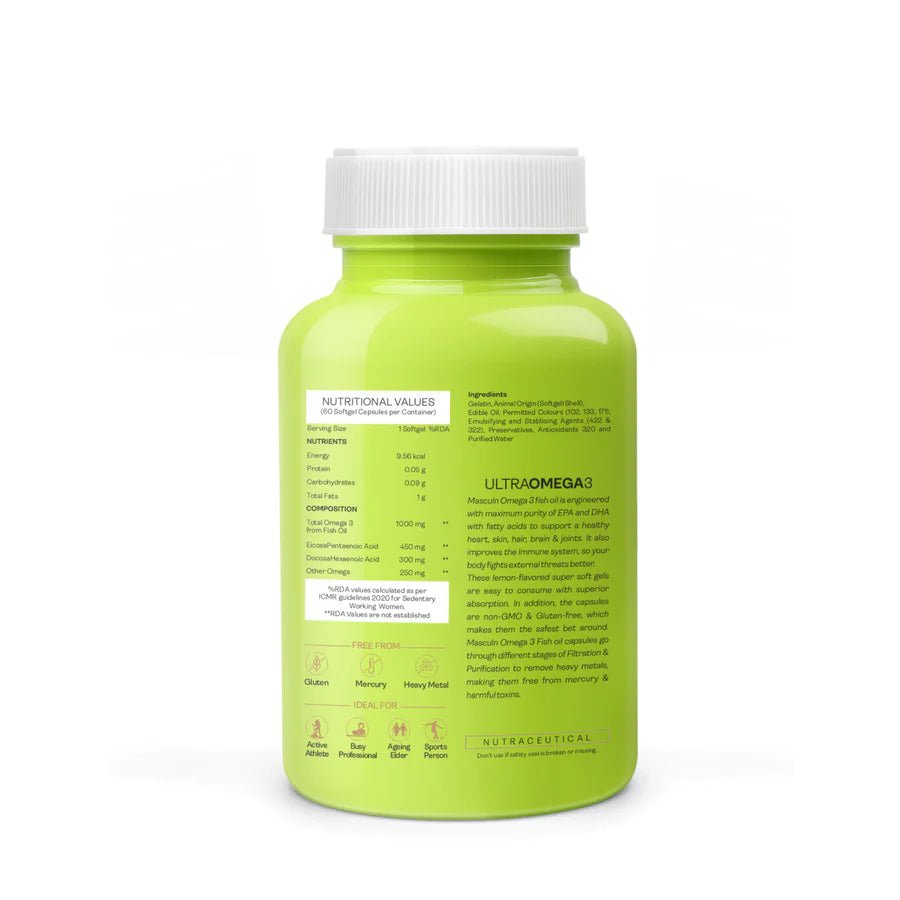 Masculn Ultra Omega 3 Fish Oil Capsules For Women & Men | 60 Softgels - Masculn -
